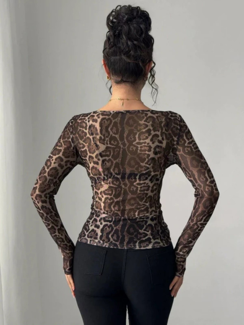 Ladies Sheer Leopard Print Mesh Long Sleeve Round Neck Fitted Tshirt